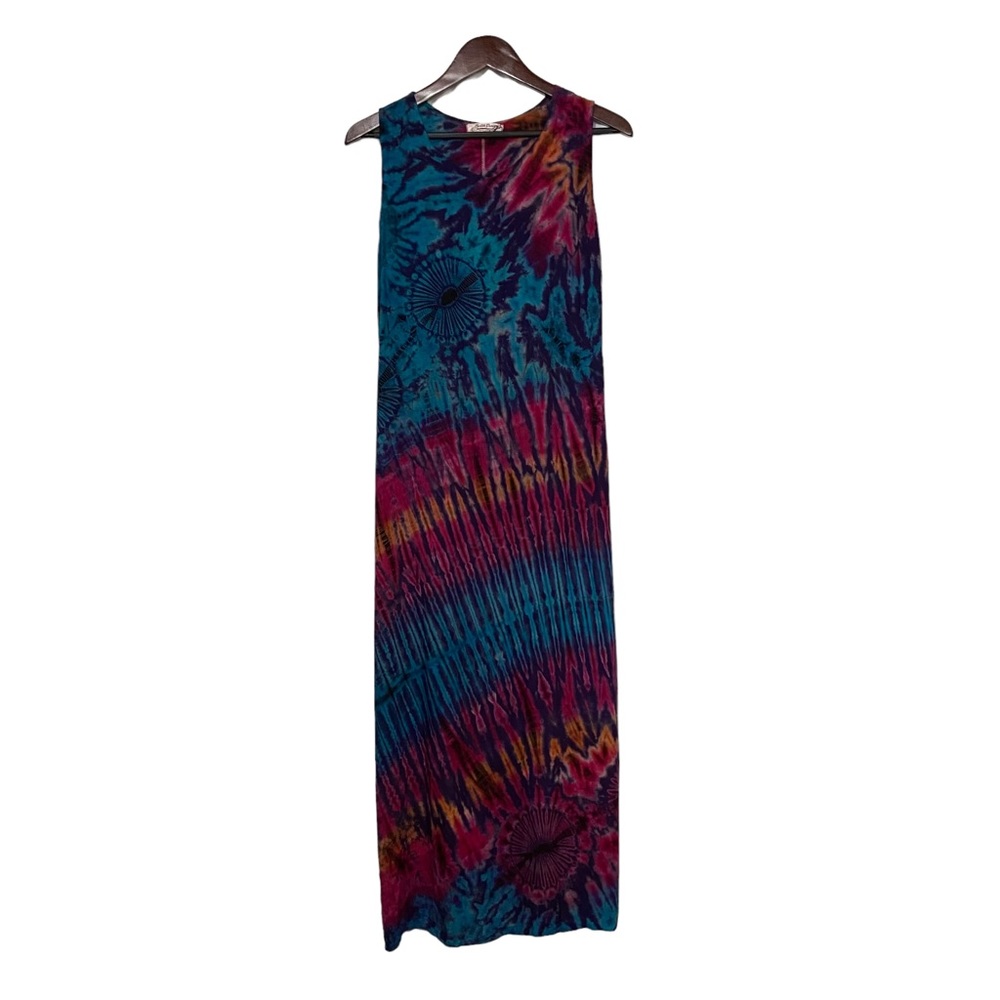 Tie Dye Multicolored Batik Handcrafted Purple Festival Maxi Dress Boho Hippie